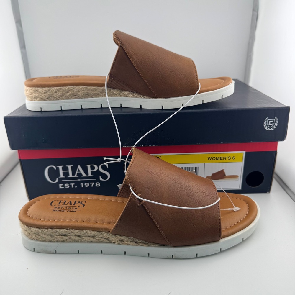 Chaps Nerissa Slide Sandals Women 6 Tan NIB Espadrille Memory Foam Casual Summer